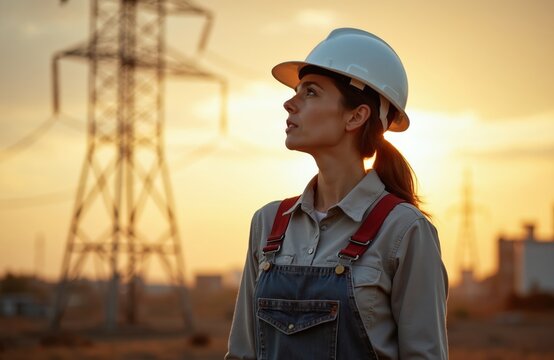 Woman worker with hard hat looks up at sunset near power lines. She wears denim overalls, stands in industrial area, ready for her next job assignment.