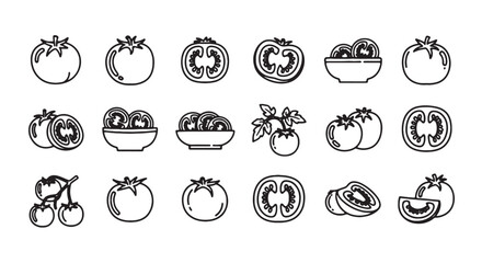 Tomato line icon set, 18 outline vector elements of fresh organic vegetables, sliced tomatoes and cherry tomato clusters for food packaging © Rosie