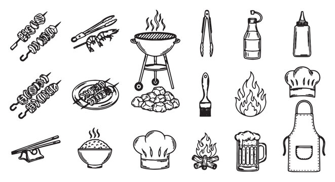 Barbecue grill and picnic icons set, hand drawn BBQ party elements in sketch style, black and white outdoor cooking vector illustrations