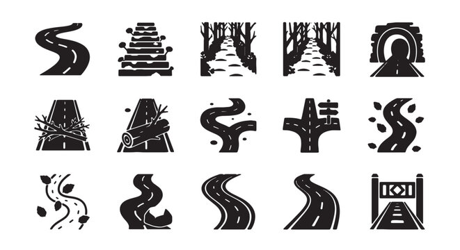 Road and highway icon set, 15 black solid vector elements of winding paths and forest trails, asphalt street navigation and travel symbols