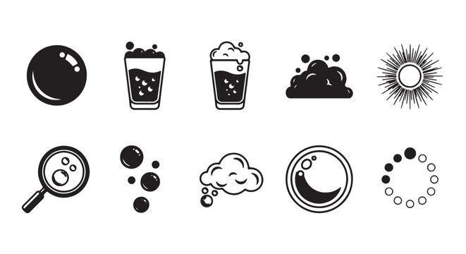 Minimalist bubble icons set, black and white soap foam symbols, 10 vector elements for cleaning and beverage branding, liquid carbonation graphics