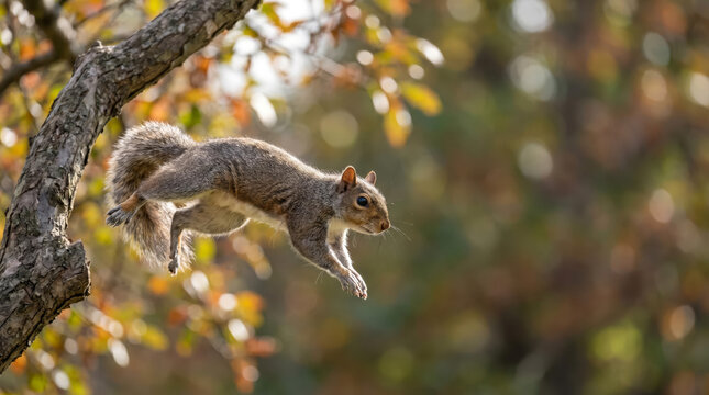 Dynamic high speed action shot of a wild squirrel frozen mid jump with abnormal stretched body and copy space