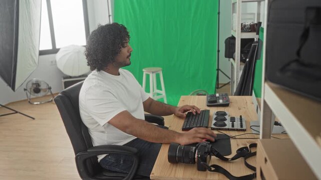 Man typing on keyboard beside dslr camera and color grading console in a green screen studio, seated at computer; focused.