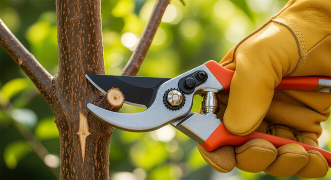 Professional garden shears cutting tree branch, gardener in yellow leather gloves pruning fruit tree, spring orchard maintenance and horticulture