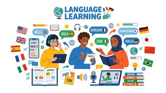 People learn languages online with digital devices and flags surrounding them