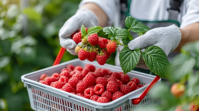 Gardener harvesting fresh organic raspberries into basket
