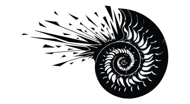 Ammonite fossil illustration depicts a prehistoric shell shattering into fragments.