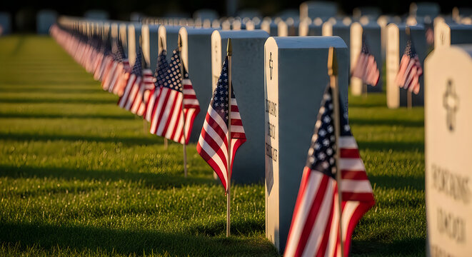 American flags on graves in national cemetery with resting place