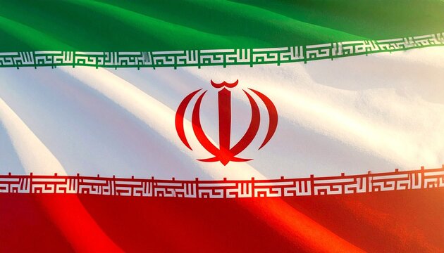 "Iran&rsquo;s green-white-red flag with central emblem, Kufic script borders, symbolizing faith, unity, resilience, cultural heritage, and national identity in bold abstract artistic composition."