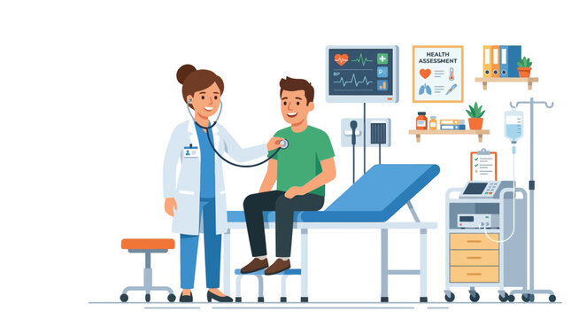 Doctor examines patient in hospital room with medical equipment and furniture nearby