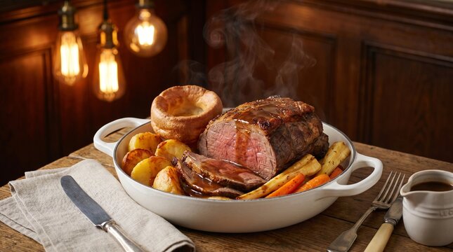 British Uk Food Sunday Roast Beef with Yorkshire Pudding, Roast Potatoes, Pars