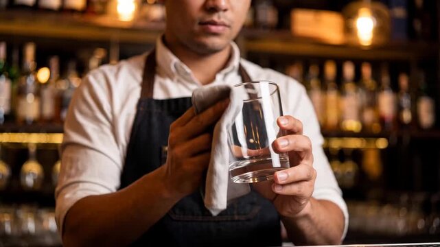 Bartender polishing a glass behind bar counter, preparing drinkware for service, hospitality work, cleanliness, professional routine, nightlife setting, customer service and beverage industry