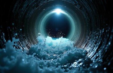 Fototapeta premium Water rushes turbulently through a dark industrial pipeline. Bright light shines at the end of the tunnel. The fluid motion creates dynamic splashes and waves.