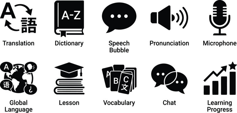 Language learning icons set, education symbols