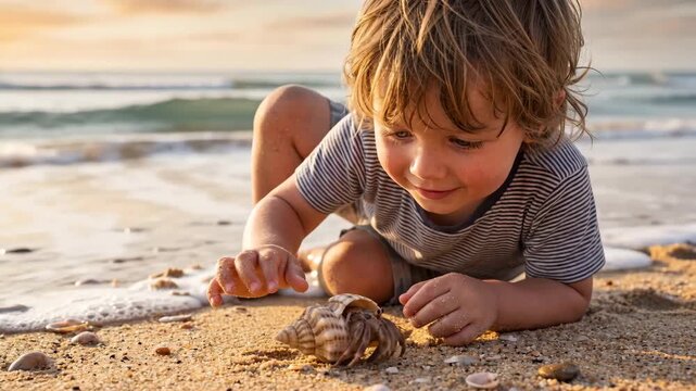 Child exploring a hermit crab on sandy beach at sunset, close interaction with marine life, curiosity, outdoor learning, family travel, coastal leisure and environmental awareness