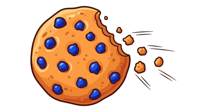Bitten Chocolate Chip Cookie with Crumbs Flying - Cartoon Style