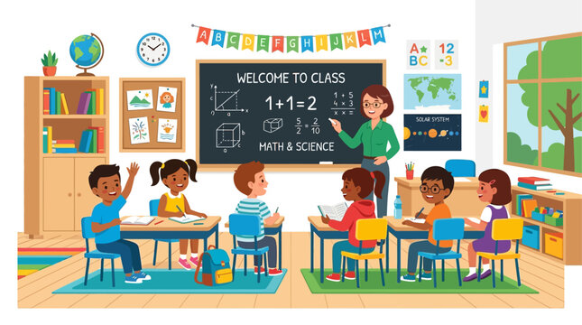 Students learn in classroom with teacher and educational decorations on walls