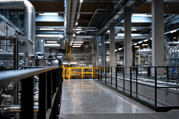 Fototapeta premium This photograph captures an industrial space, emphasizing clean lines and modern machinery, reflecting efficiency and innovation within a contemporary environment.