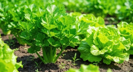 Fototapeta premium Fresh celery and lettuce plants flourishing in a garden bed, side-by-side