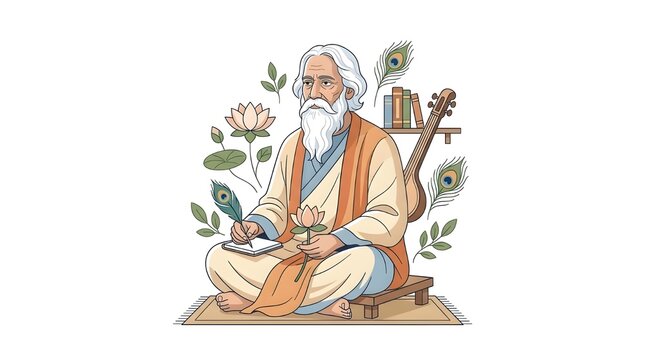 Rabindra Jayanti Celebration, Birth Anniversary of Rabindranath Tagore, Minimalist Illustration of Famous Indian Poet and Nobel Laureate