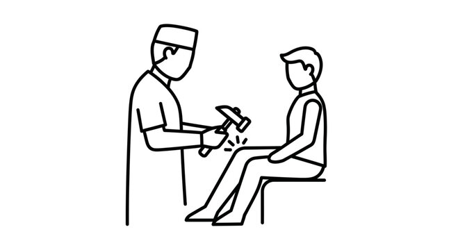 Doctor testing patient's knee reflex with reflex hammer, medical examination icon