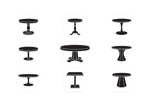 Black and white icons of various coffee tables and round tables