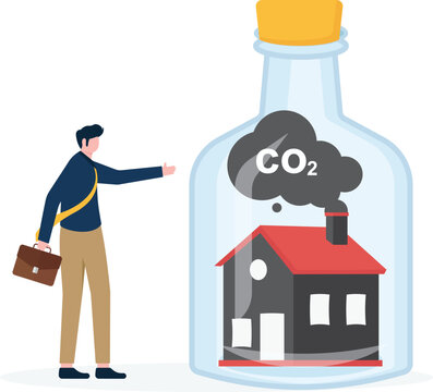 Professional pointing to a house trapped in a CO2 bottle