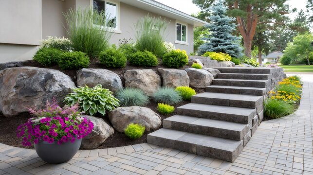 Landscaped residential garden with stone stairs and rocky retaining wall