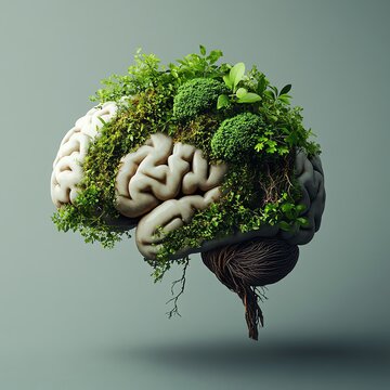 A conceptual image of a brain intertwined with lush greenery, symbolizing growth and mental wellness.