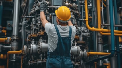 Fototapeta premium Worker in Safety Gear Performing Maintenance on Industrial Machinery in High Angle Full Shot with Focus on Equipment and Safety Protocols