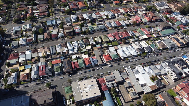 Aerial view of low density residential housing in the suburbs