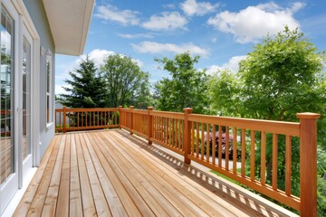 Obraz premium Wood deck on house balcony extending to trees view