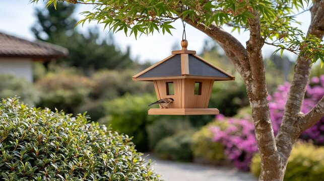 Bird feeding on a wooden feeder in a peaceful garden