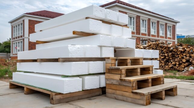 Stack of white foam insulation blocks on construction site