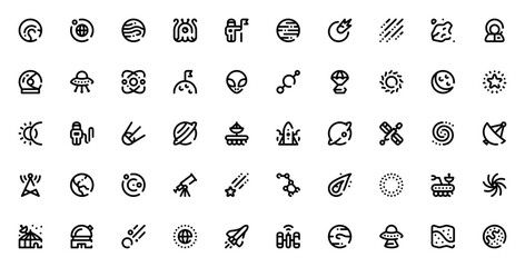 Space icon set. Vector illustration of planets, astronauts, UFOs, and celestial objects. Includes Earth, Jupiter, Sun, Moon, rocket, satellite, black hole, galaxy, and more. © wang