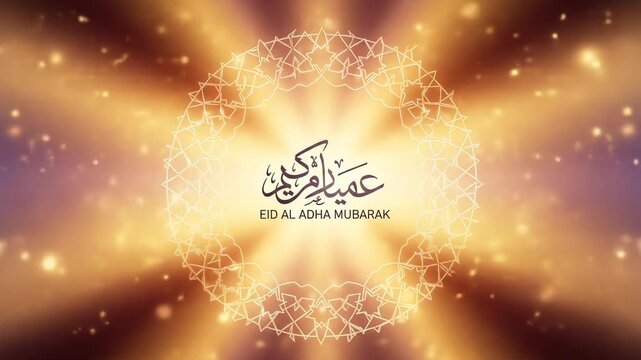Beautiful Eid al-Adha Mubarak Calligraphy with Glowing Lights and Particles.
