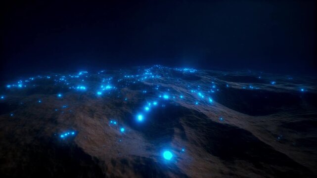 IMAX Macro of Deep Sea Ridge with Scattered Bioluminescent Blue Light Clusters 4K