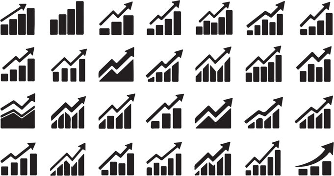 Black icons of growing graphs and charts.