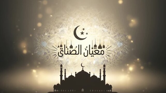 Beautiful Islamic Mosque Silhouette with Crescent Moon and Star Design.