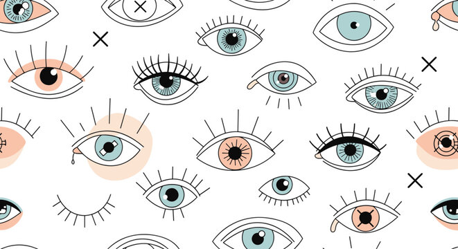 Playful seamless pattern featuring various stylized eye illustrations with different colors and expressions on a white background.