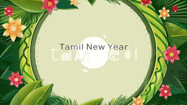 Vibrant tamil new year poster illustration with floral wreath and green leaves on beige background for cultural celebrations