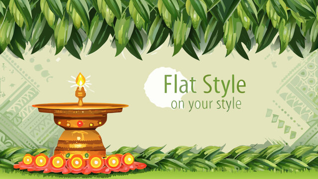 Traditional kuthu vilakku lamp in flat vector design with green leaves and floral patterns for cultural festivals