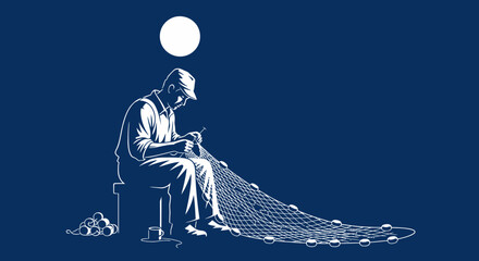 Fisherman Mending Net Under Moon, Maritime Craftsmanship, Nautical Industry © Kardus