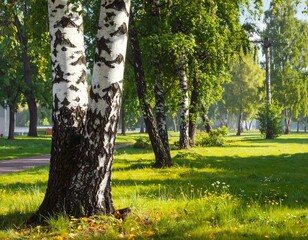 Obraz premium Scenic summer landscape of birch trees in a lush green city park area