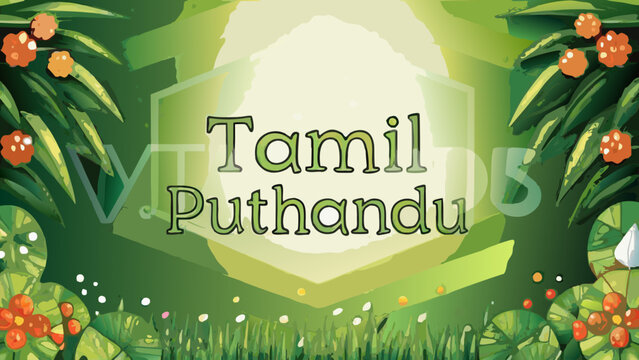 Vibrant tamil puthandu greeting card with bold text and colorful floral background