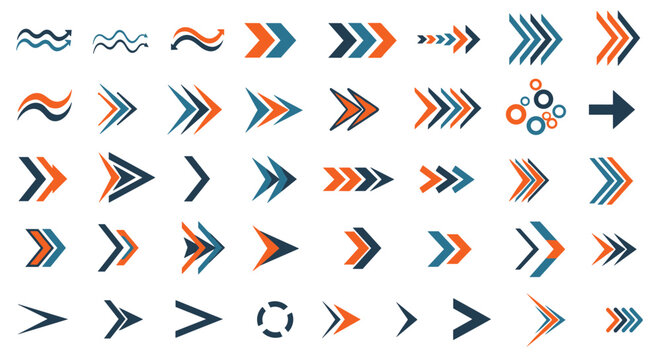 Large collection of arrow icons and chevron signs in orange and blue colors with various styles for navigation and graphic design projects.