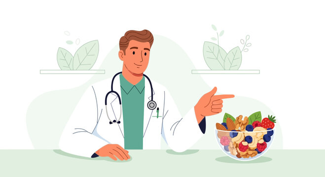Doctor Recommending Healthy Breakfast Cereal with Fruits and Berries
