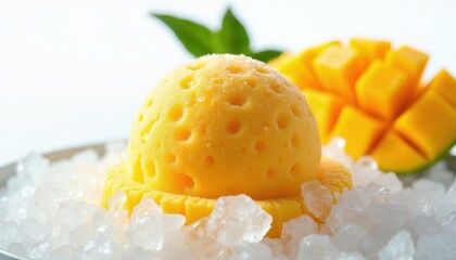 Obraz premium Bright yellow mango sorbet scoop sits on cracked ice cubes. A fresh mango half is visible in the background, offering a vibrant tropical dessert.
