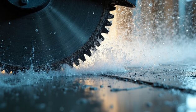 Circular saw cuts concrete. Water sprays and cools blade while cutting stone material. Industrial tool works on construction site for building repair.