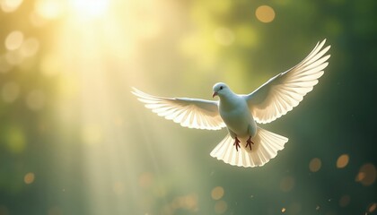 Fototapeta premium White dove bird flies in sun rays light, wings spread wide. Symbol of peace hope, divine grace, spiritual freedom, new beginnings, gentle nature.